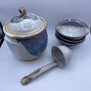 Artisan Studio Pottery 6pc Soup Tureen Set Blue White Glaze Bowls Ladle 9in